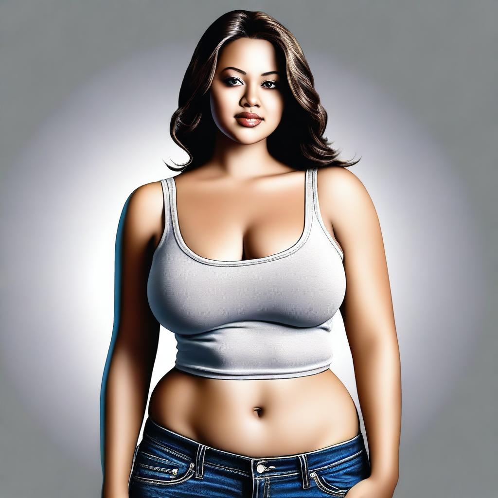 A high-quality, realistic digital art piece presents a voluptuous woman in a small, fitted tank top