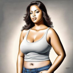 A high-quality, realistic digital art piece presents a voluptuous woman in a small, fitted tank top