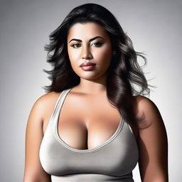 A high-quality, realistic digital art piece presents a voluptuous woman in a small, fitted tank top