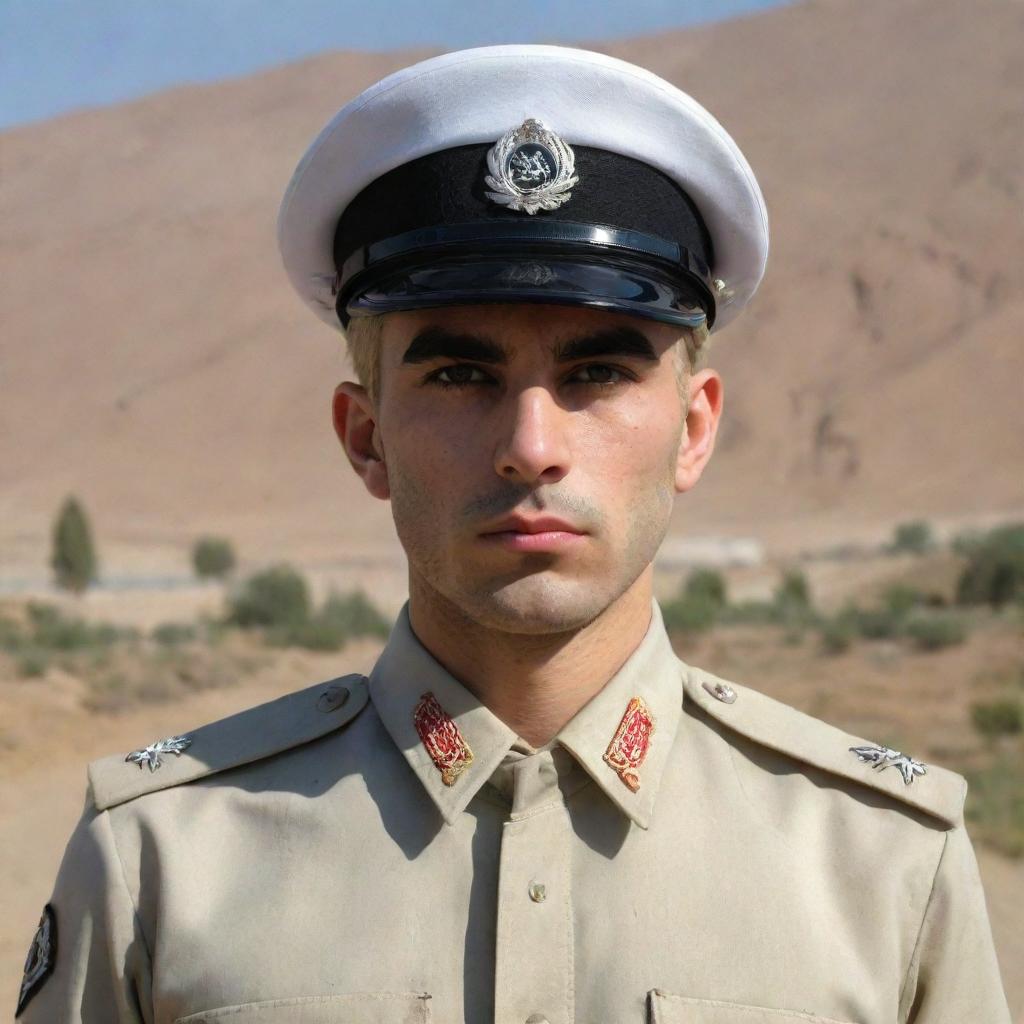 A young Iranian policeman with unique white skin and blond hair, wearing the standard uniform, exuding an aura of discipline and duty.