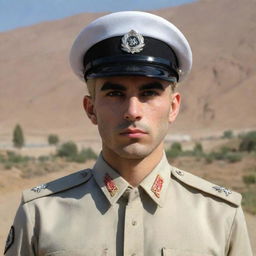 A young Iranian policeman with unique white skin and blond hair, wearing the standard uniform, exuding an aura of discipline and duty.