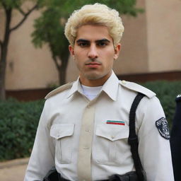 A young Iranian policeman with unique white skin and blond hair, wearing the standard uniform, exuding an aura of discipline and duty.