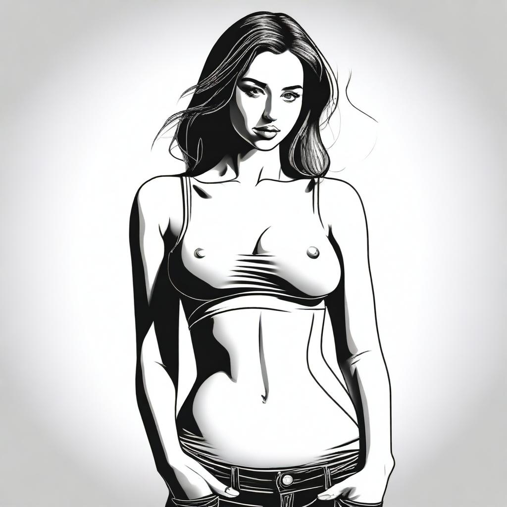 This digital art piece, rendered in a realistic style, features a slender woman with large breasts