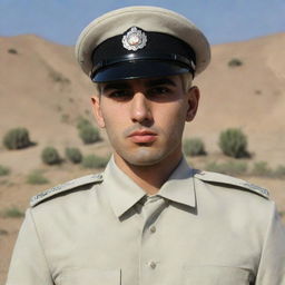 A young Iranian policeman with unique white skin and blond hair, wearing the standard uniform, exuding an aura of discipline and duty.