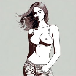 This digital art piece, rendered in a realistic style, features a slender woman with large breasts