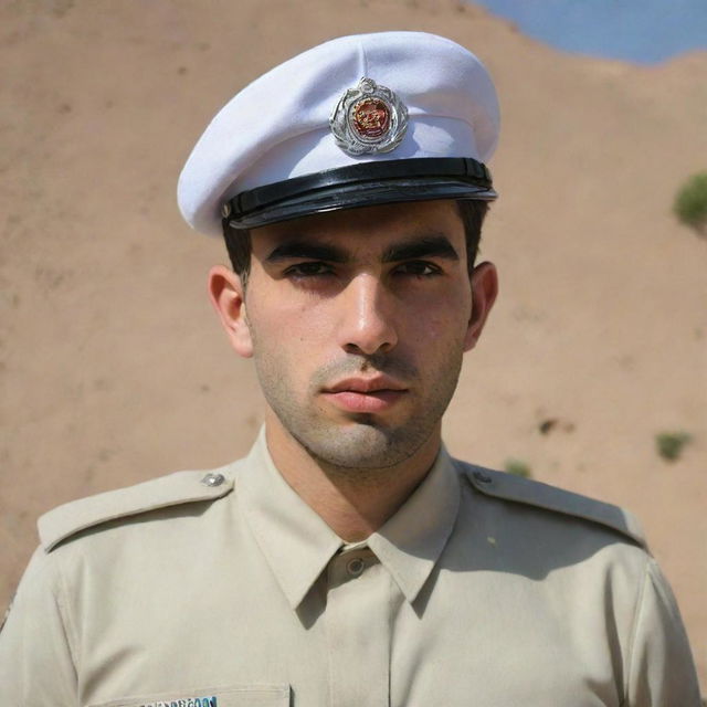 A young Iranian policeman with unique white skin and blond hair, wearing the standard uniform, exuding an aura of discipline and duty.