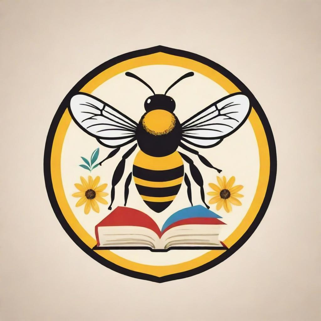 A vibrant logo design featuring a bee and book imagery