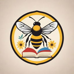 A vibrant logo design featuring a bee and book imagery