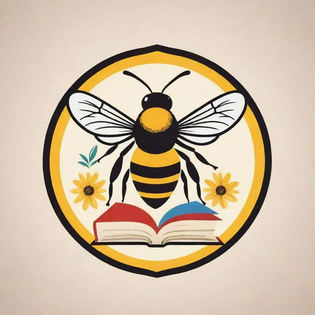 A vibrant logo design featuring a bee and book imagery