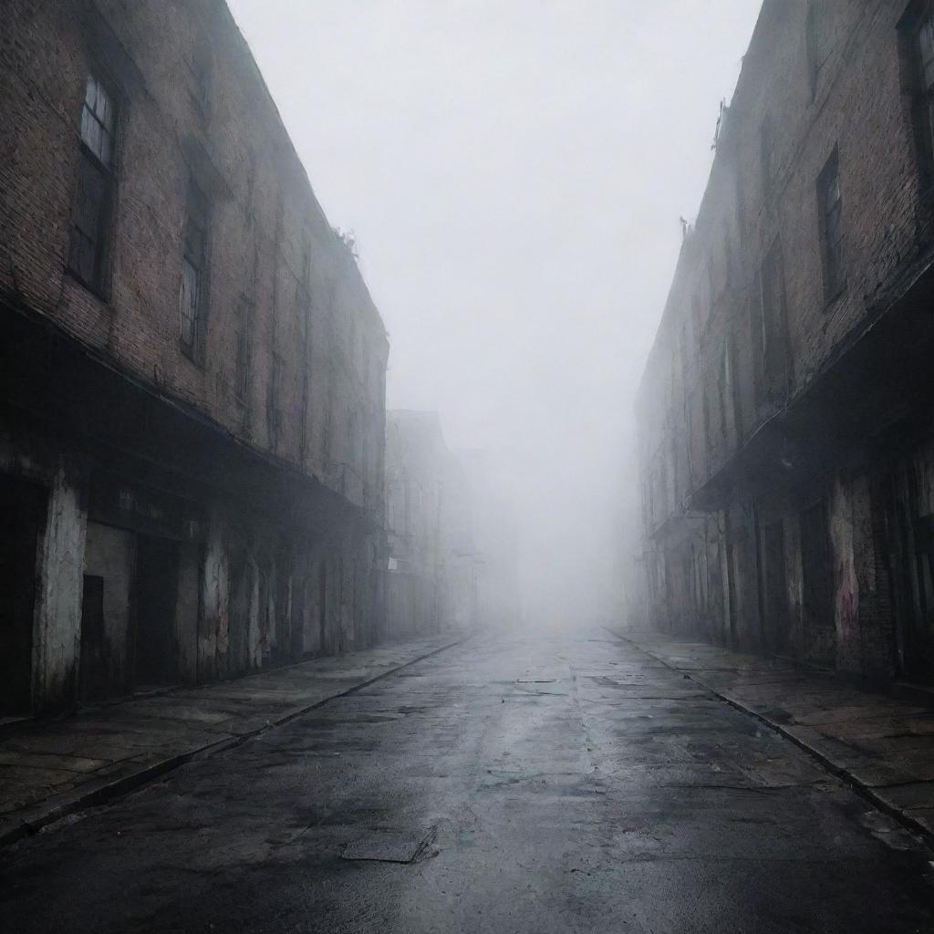 A haunting, foggy street deserted with dilapidated buildings in the style of the video game Silent Hill 2.