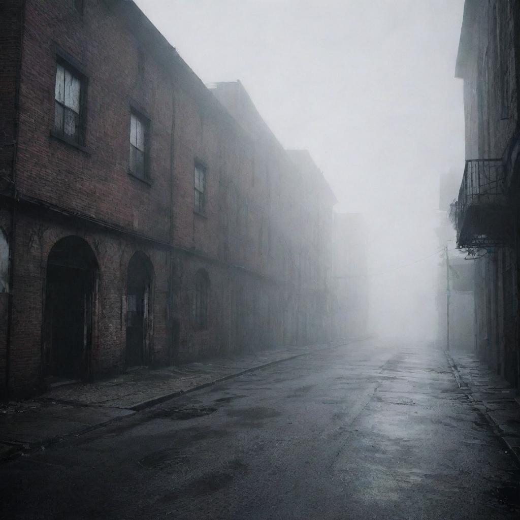 A haunting, foggy street deserted with dilapidated buildings in the style of the video game Silent Hill 2.