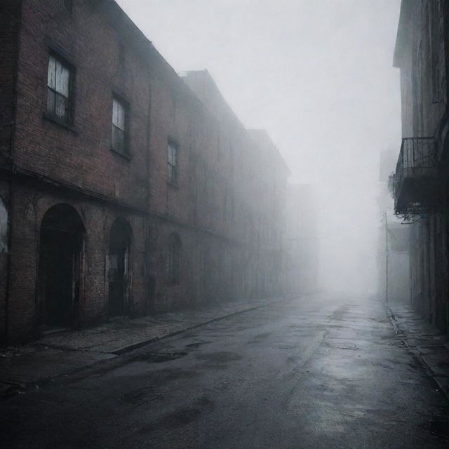 A haunting, foggy street deserted with dilapidated buildings in the style of the video game Silent Hill 2.