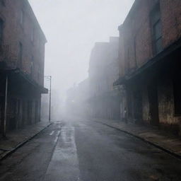 A haunting, foggy street deserted with dilapidated buildings in the style of the video game Silent Hill 2.