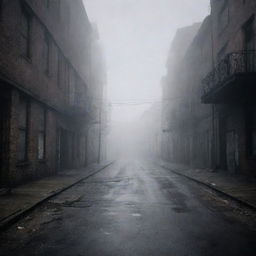 A haunting, foggy street deserted with dilapidated buildings in the style of the video game Silent Hill 2.