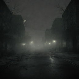 Animated depiction of the eerie, foggy environment of Silent Hill 2, with desolate streets, haunting Gothic architectures, and a few sinister, other-worldly creatures lurking in the shadows.