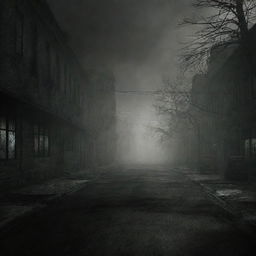 Animated depiction of the eerie, foggy environment of Silent Hill 2, with desolate streets, haunting Gothic architectures, and a few sinister, other-worldly creatures lurking in the shadows.