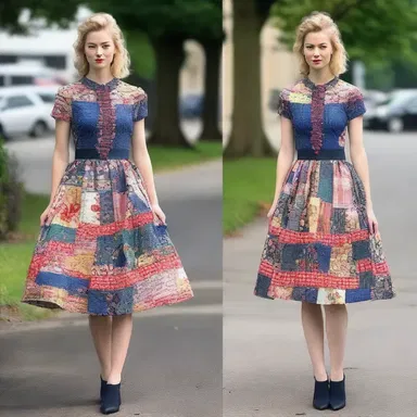 She fashioned a unique dress by combining different fabrics.