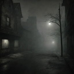 Animated depiction of the eerie, foggy environment of Silent Hill 2, with desolate streets, haunting Gothic architectures, and a few sinister, other-worldly creatures lurking in the shadows.