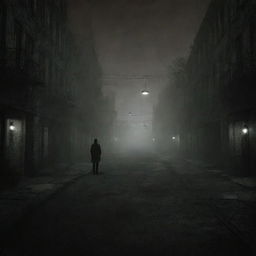 Animated depiction of the eerie, foggy environment of Silent Hill 2, with desolate streets, haunting Gothic architectures, and a few sinister, other-worldly creatures lurking in the shadows.