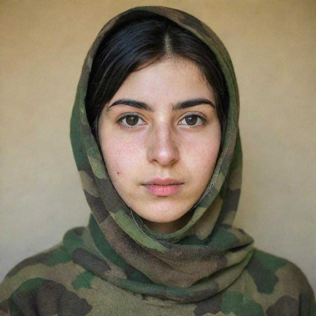 A portrait of a young Iranian teenager with fair skin, wearing multi-camouflage patterned clothing