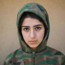 A portrait of a young Iranian teenager with fair skin, wearing multi-camouflage patterned clothing