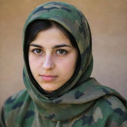 A portrait of a young Iranian teenager with fair skin, wearing multi-camouflage patterned clothing