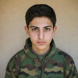 A portrait of a young Iranian teenager with fair skin, wearing multi-camouflage patterned clothing