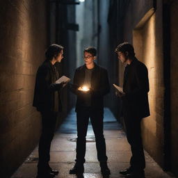 A tense confrontation between two book hunters in a dimly lit alley. Both are reaching for a mesmerizing, glowing artifact. The scene is bathed in dramatic, cinematic lighting, composed in AR 16:9.