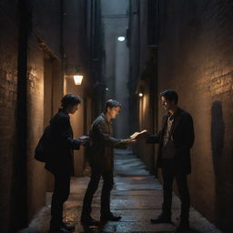 A tense confrontation between two book hunters in a dimly lit alley. Both are reaching for a mesmerizing, glowing artifact. The scene is bathed in dramatic, cinematic lighting, composed in AR 16:9.