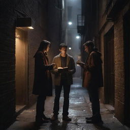 A tense confrontation between two book hunters in a dimly lit alley. Both are reaching for a mesmerizing, glowing artifact. The scene is bathed in dramatic, cinematic lighting, composed in AR 16:9.