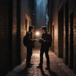 A tense confrontation between two book hunters in a dimly lit alley. Both are reaching for a mesmerizing, glowing artifact. The scene is bathed in dramatic, cinematic lighting, composed in AR 16:9.