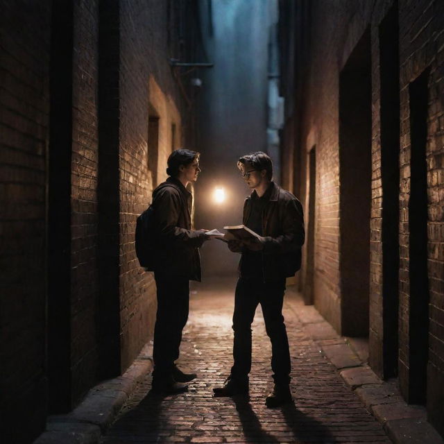 A tense confrontation between two book hunters in a dimly lit alley. Both are reaching for a mesmerizing, glowing artifact. The scene is bathed in dramatic, cinematic lighting, composed in AR 16:9.