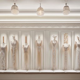 Bridal shop office interior, elegant customer waiting area, fabric samples display, classic appliqués with centered lighting on paneled walls.