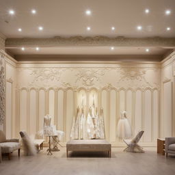 Bridal shop office interior, elegant customer waiting area, fabric samples display, classic appliqués with centered lighting on paneled walls.