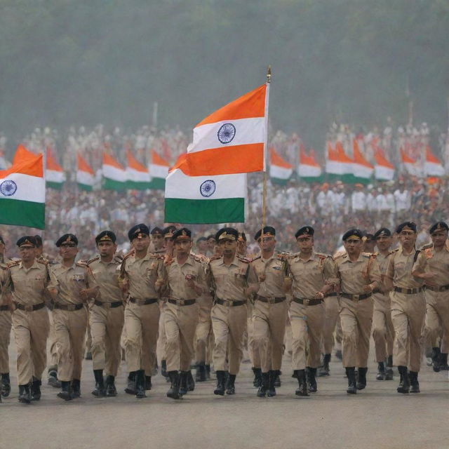 A disciplined Indian army in traditional military uniform marching in parade with a backdrop of the Indian Tricolor flag.