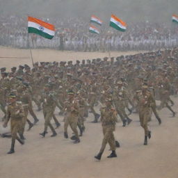 A disciplined Indian army in traditional military uniform marching in parade with a backdrop of the Indian Tricolor flag.