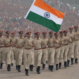 A disciplined Indian army in traditional military uniform marching in parade with a backdrop of the Indian Tricolor flag.