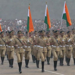 A disciplined Indian army in traditional military uniform marching in parade with a backdrop of the Indian Tricolor flag.