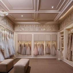 Bridal shop office interior, elegant customer waiting area, fabric samples display, classic appliqués with centered lighting on paneled walls.