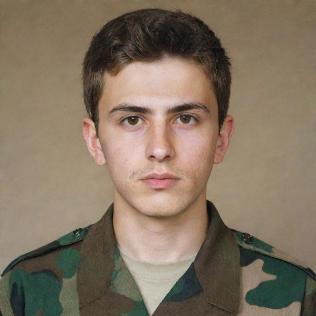 A portrait of a white teenage Iranian boy with light brown hair and a small beard, wearing a military camouflage uniform.