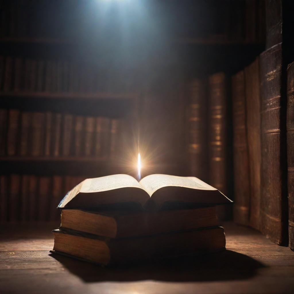 A moment of revelation in a secret chamber, beams of light piercing through a mystical crystal, revealing the magical nature of the surrounding books, under dramatic, cinematic lighting. Change aspect ratio to 16:9.