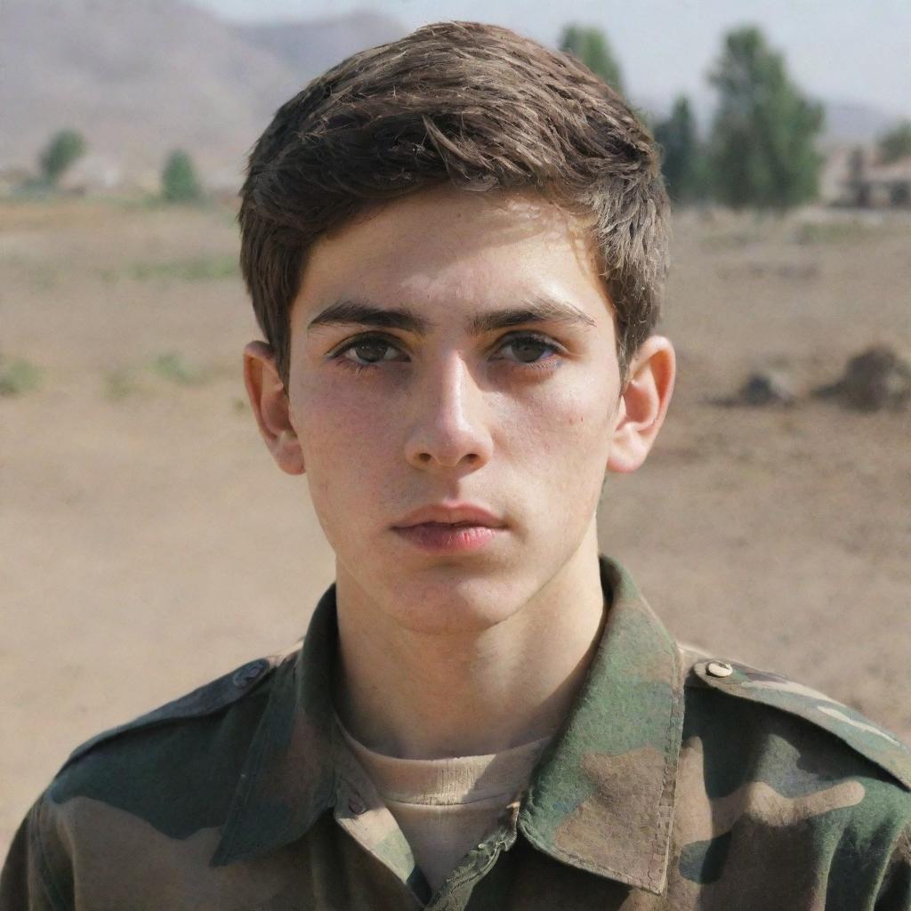 A teenage Iranian boy with pale skin, light brown hair and a modest beard. He's dressed in a camouflage military uniform, giving him a look of determined youthful bravery.