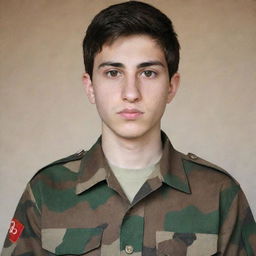 A teenage Iranian boy with pale skin, light brown hair and a modest beard. He's dressed in a camouflage military uniform, giving him a look of determined youthful bravery.