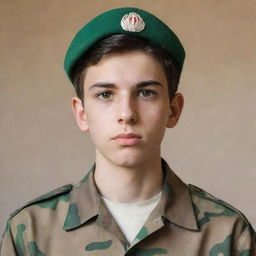 A teenage Iranian boy with pale skin, light brown hair and a modest beard. He's dressed in a camouflage military uniform, giving him a look of determined youthful bravery.