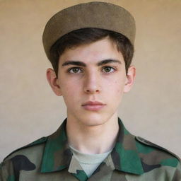 A teenage Iranian boy with pale skin, light brown hair and a modest beard. He's dressed in a camouflage military uniform, giving him a look of determined youthful bravery.