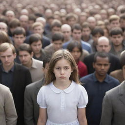 A young girl appearing isolated and lonely amidst a bustling crowd of indistinct figures