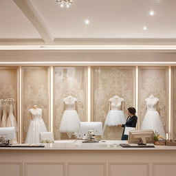 Elegant wedding dress shop office design, customer reception area, comfortable waiting space, fabric sample section, classic wall appliqués, centered lighting on decorative panels.