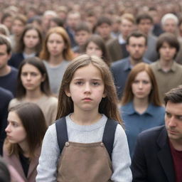 A young girl appearing isolated and lonely amidst a bustling crowd of indistinct figures