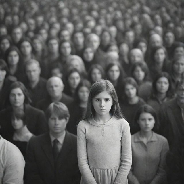 A young girl appearing isolated and lonely amidst a bustling crowd of indistinct figures