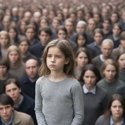 A young girl appearing isolated and lonely amidst a bustling crowd of indistinct figures